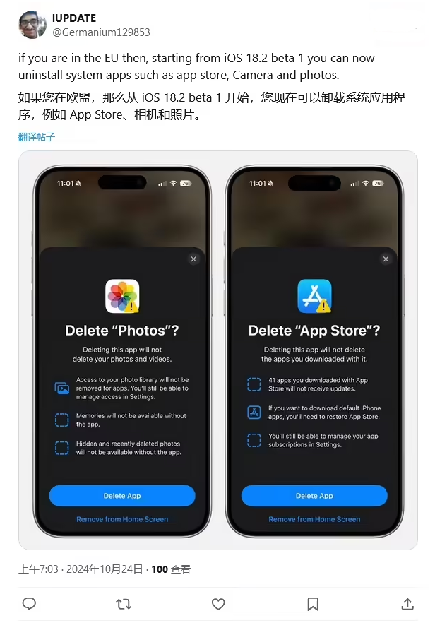 木鱼镇苹果手机维修分享iOS 18.2 支持删除 App Store 应用商店 